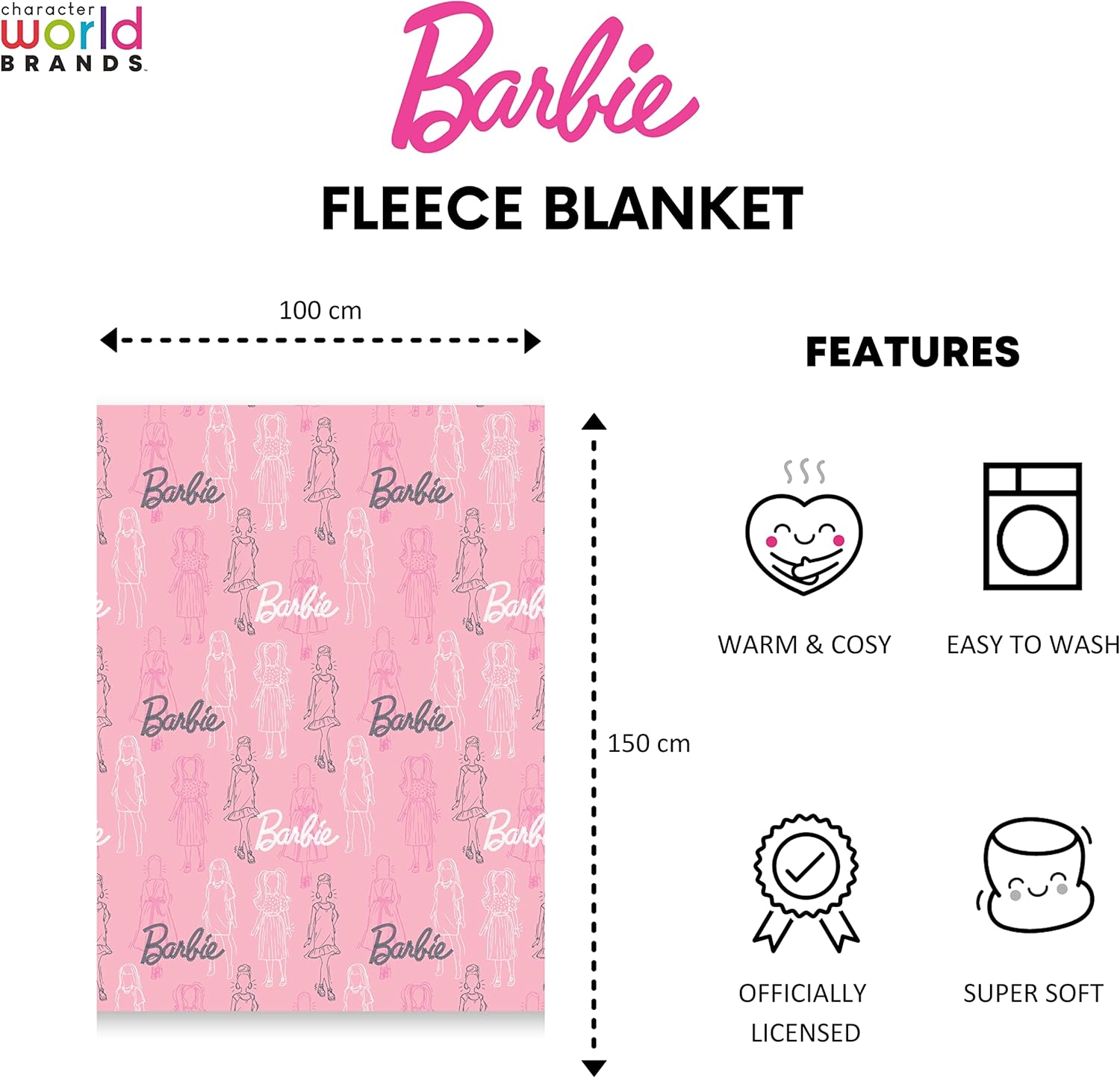 Couverture polaire Barbie rose à motif figurines – Image 4
