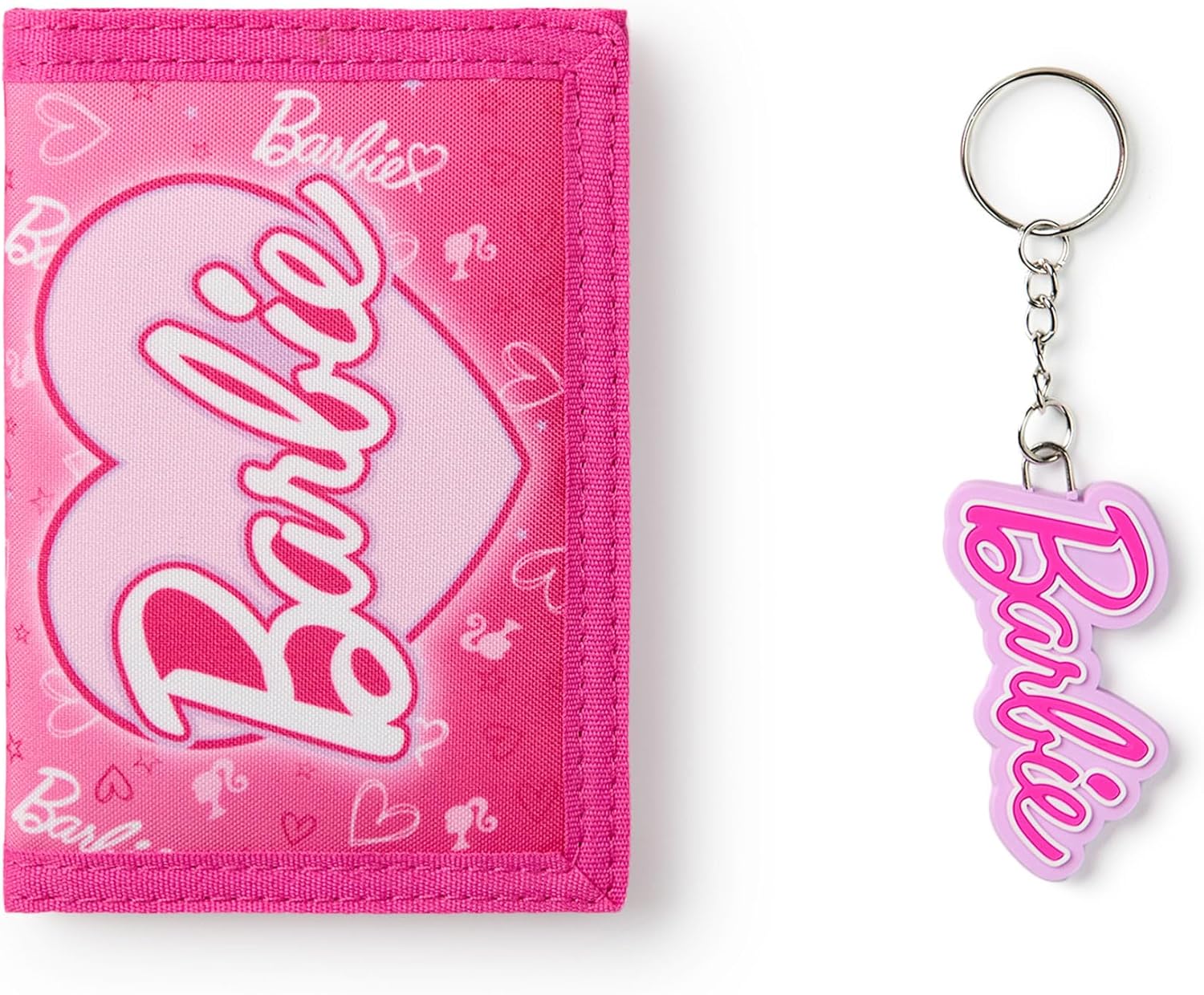 Portefeuille Barbie rose à trois volets avec imprimé cœur, porte-cartes et porte-monnaie enfant