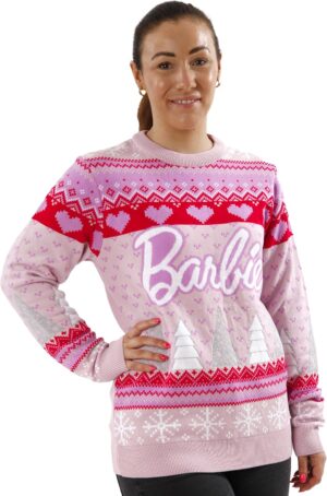 Pull de Noël Barbie femme rose, rouge et blanc
