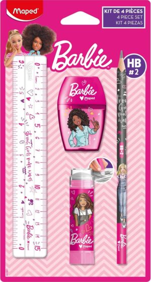 Set de papeterie Barbie Maped 4 pièces avec règle transparente 15cm