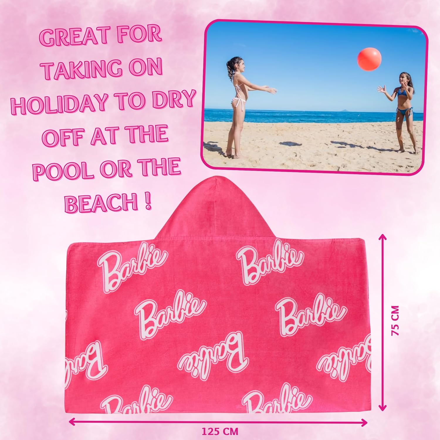 Serviette poncho à capuche Barbie rose 2 en 1 en 100% coton – Image 3