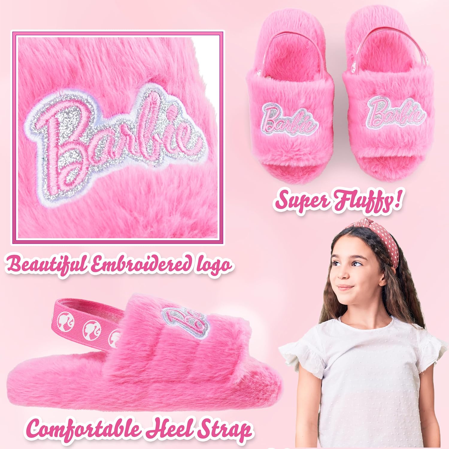 Chaussons mules Barbie femme en peluche et fausse fourrure – Image 3
