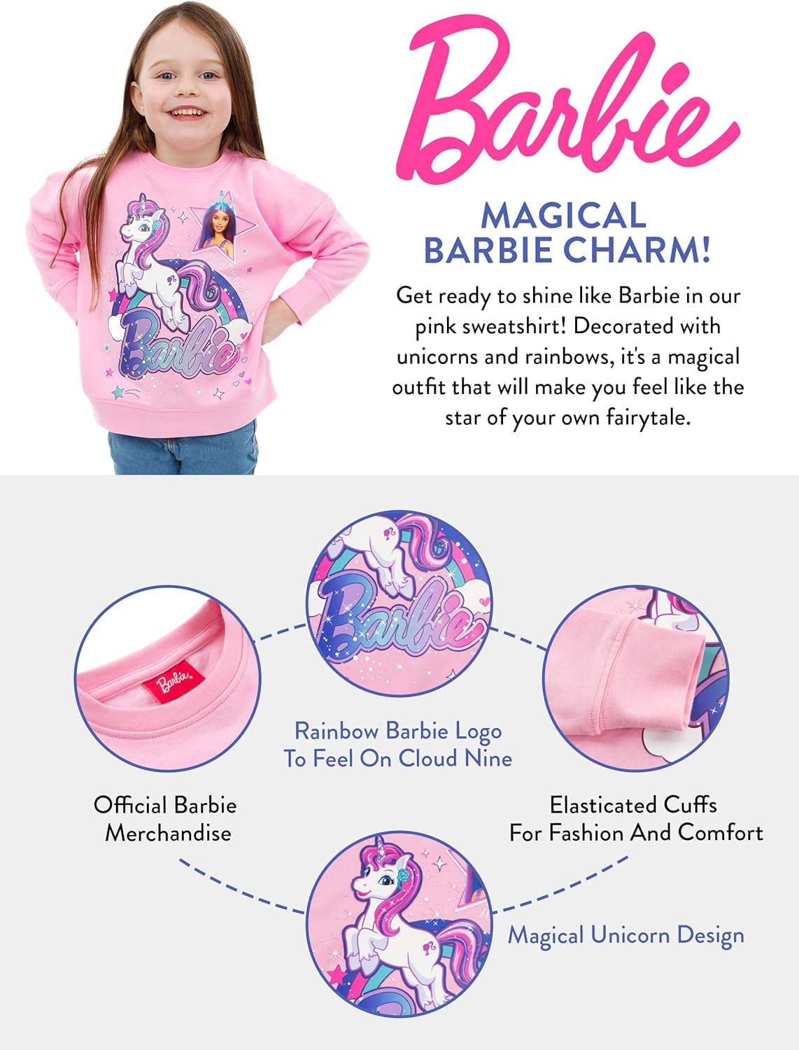 Pull Barbie fille avec licorne et arc-en-ciel – Image 7