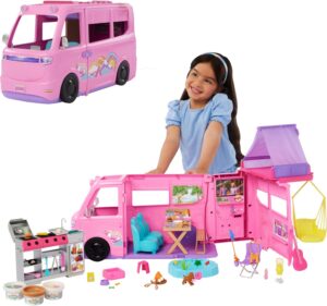 Barbie Camping-Car de rêve avec tente de toit et 60 accessoires