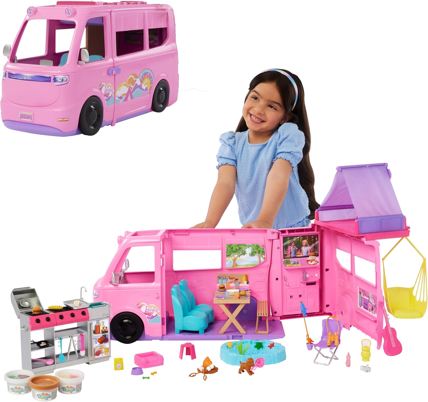 Barbie Camping-Car de rêve avec tente de toit et 60 accessoires