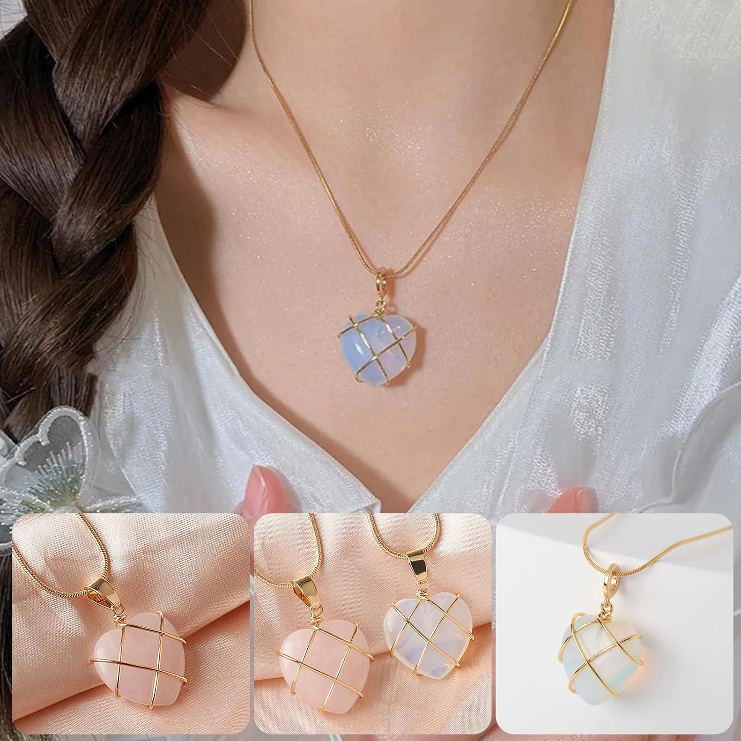 Collier Barbie rose avec pendentif cœur en cristal naturel – Image 6