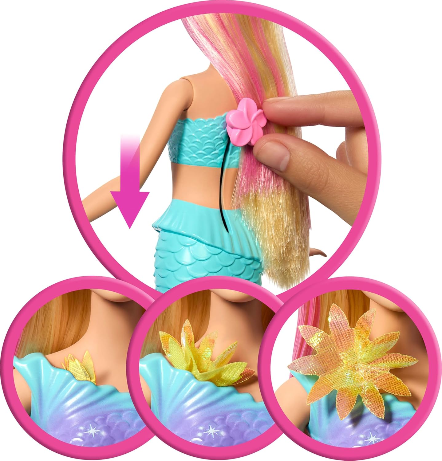 Barbie Sirène Fleur Magique blonde aux fleurs surprise et mèches roses – Image 3