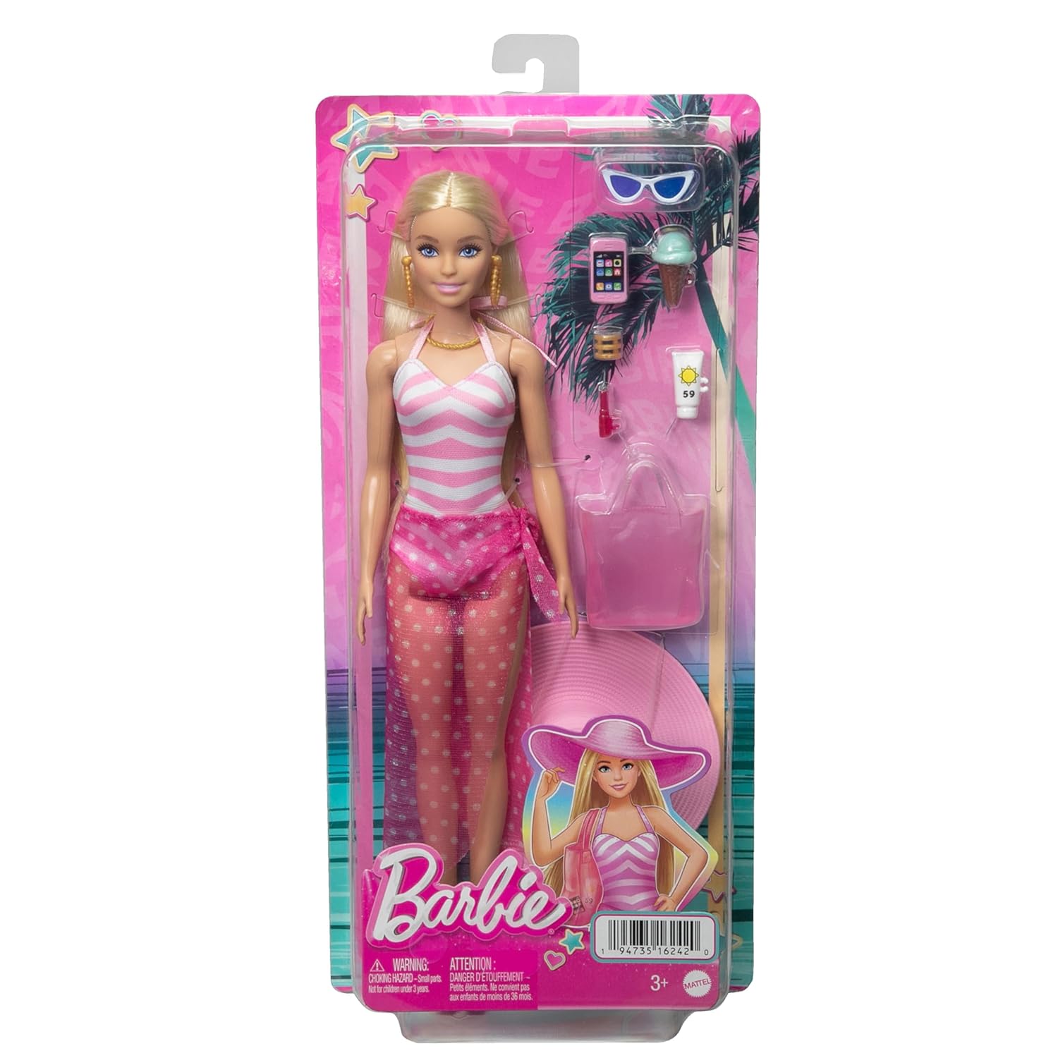 Barbie poupée blonde de plage avec maillot de bain rose et blanc, chapeau, sac et accessoires HPL73 – Image 6