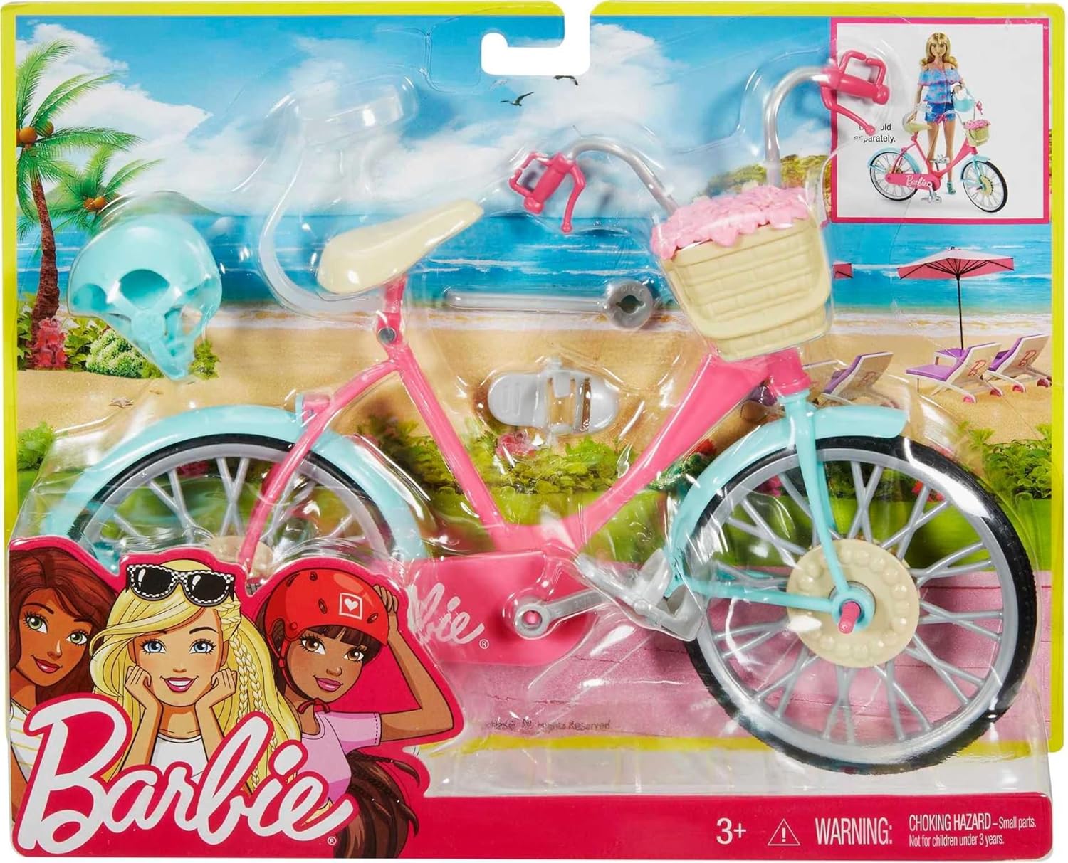 Barbie vélo pour poupée avec casque bleu et panier de roses DVX55 – Image 6