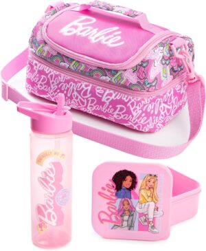 Ensemble sac à lunch Barbie rose avec bouteille, pot à goûter et bandoulière réglable