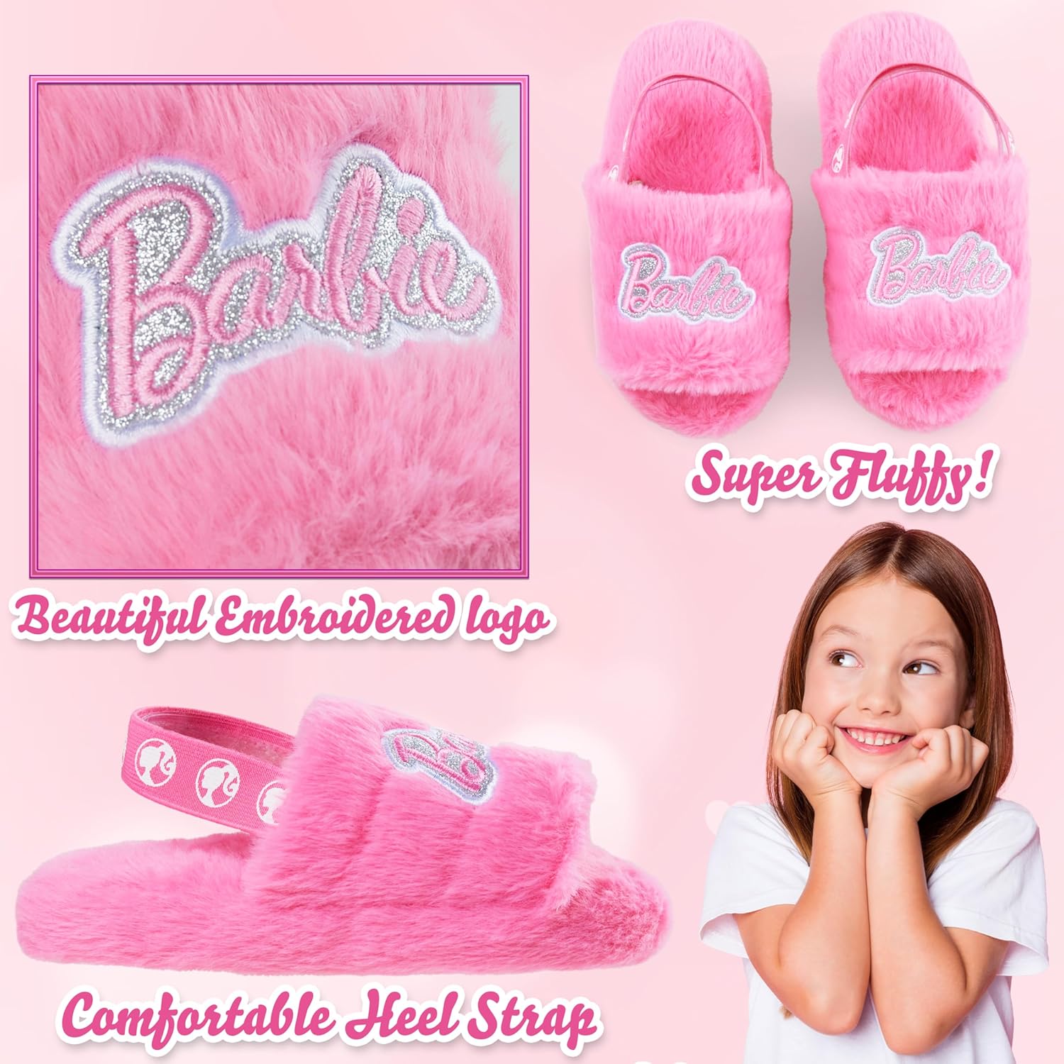 Mules Barbie pelucheuses avec sangle élastique pour fille – Image 3