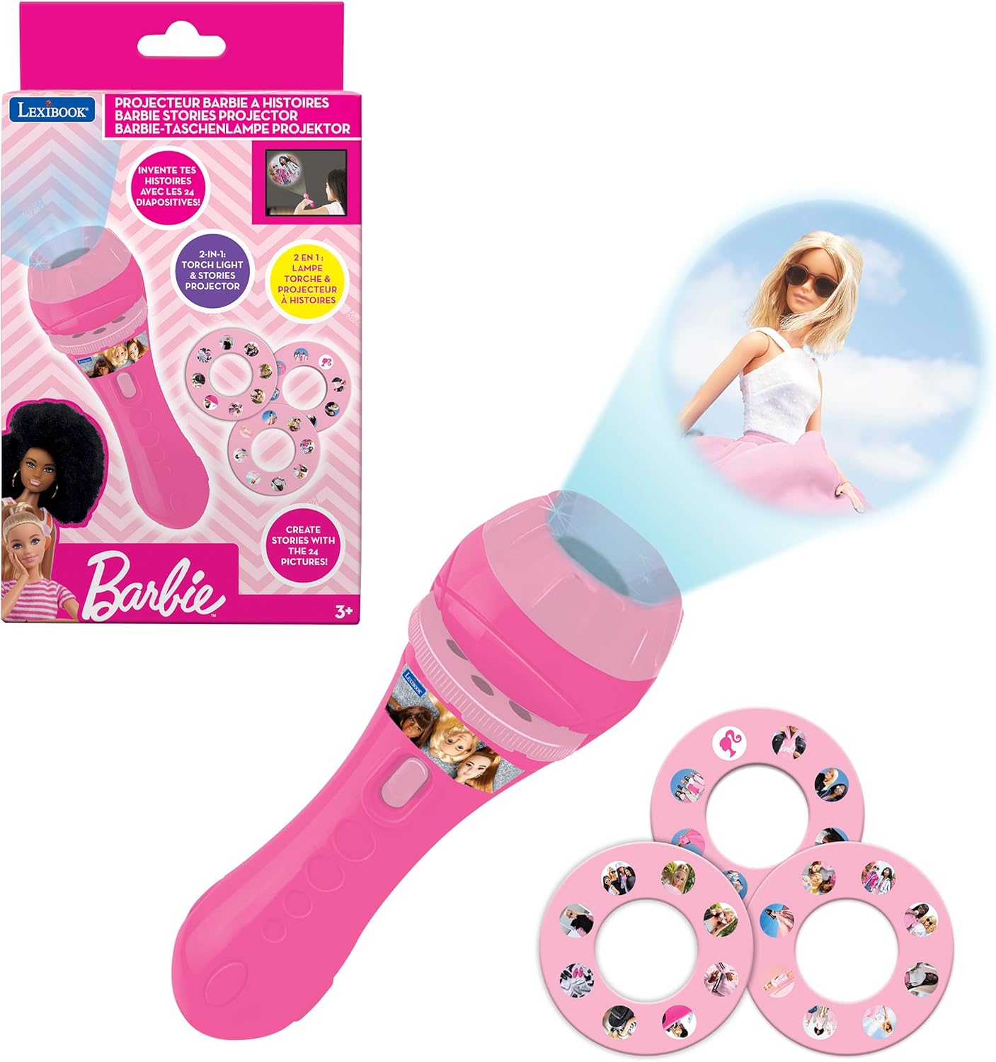 Projecteur d'histoires Barbie avec lampe torche, 3 disques et 24 images