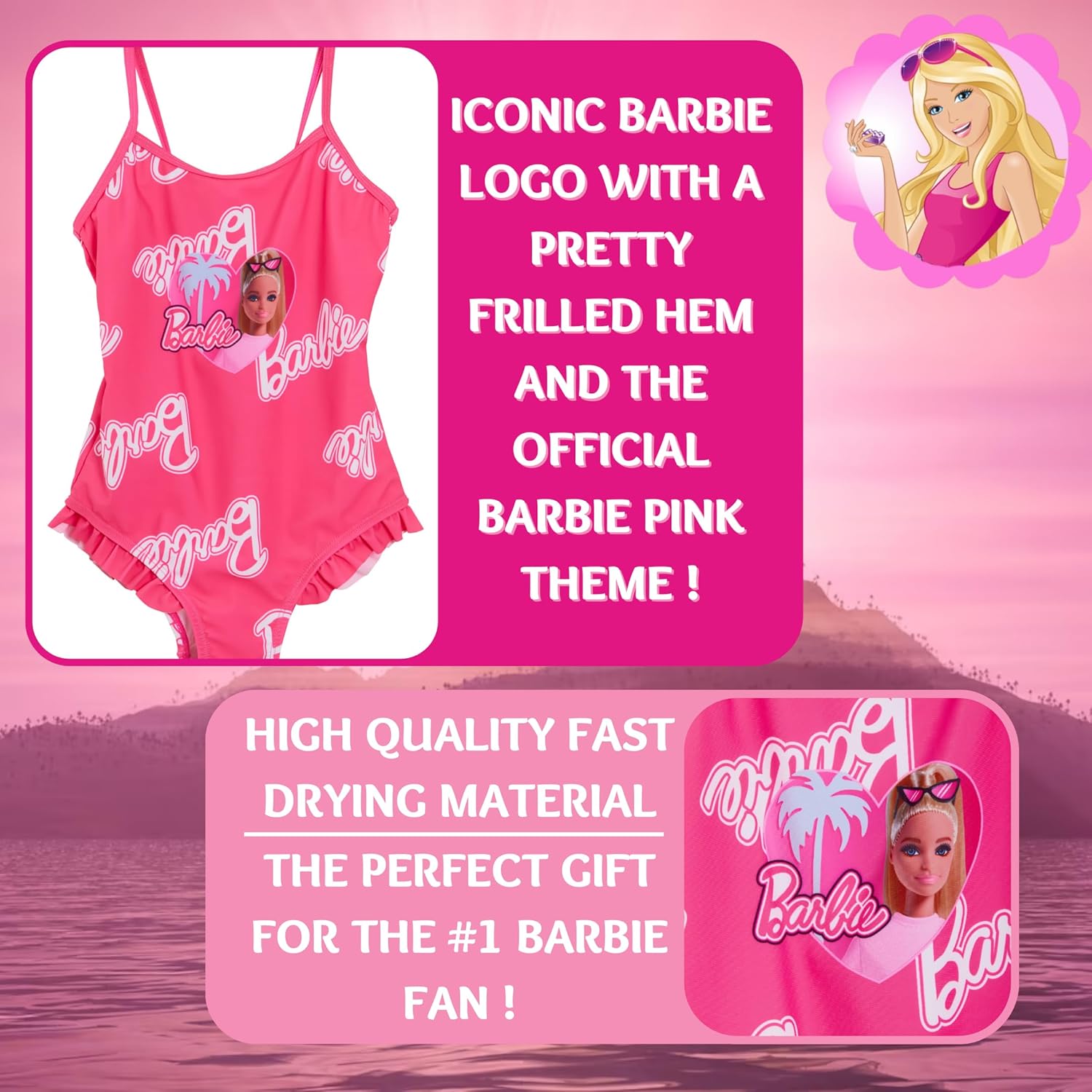 Maillot de bain une pièce Barbie rose pour filles – Image 4