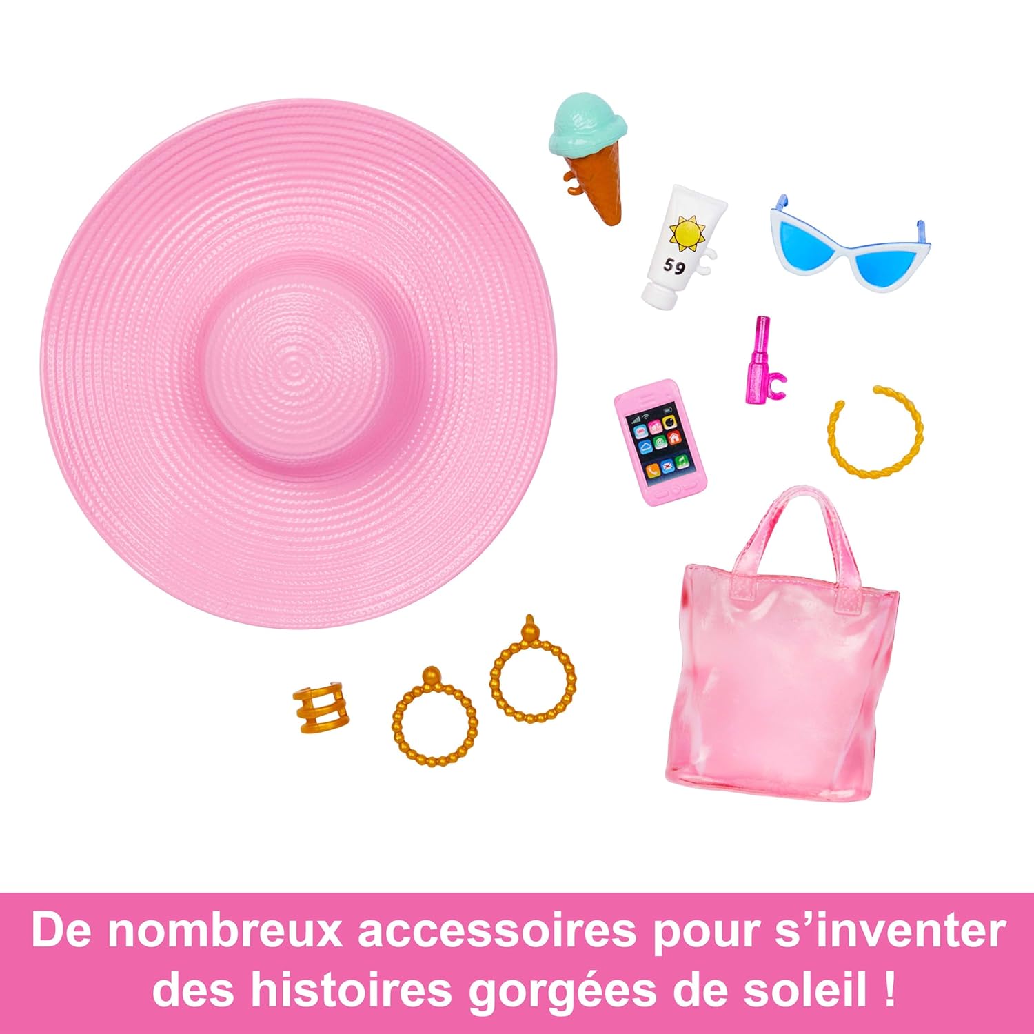 Barbie poupée blonde de plage avec maillot de bain rose et blanc, chapeau, sac et accessoires HPL73 – Image 3