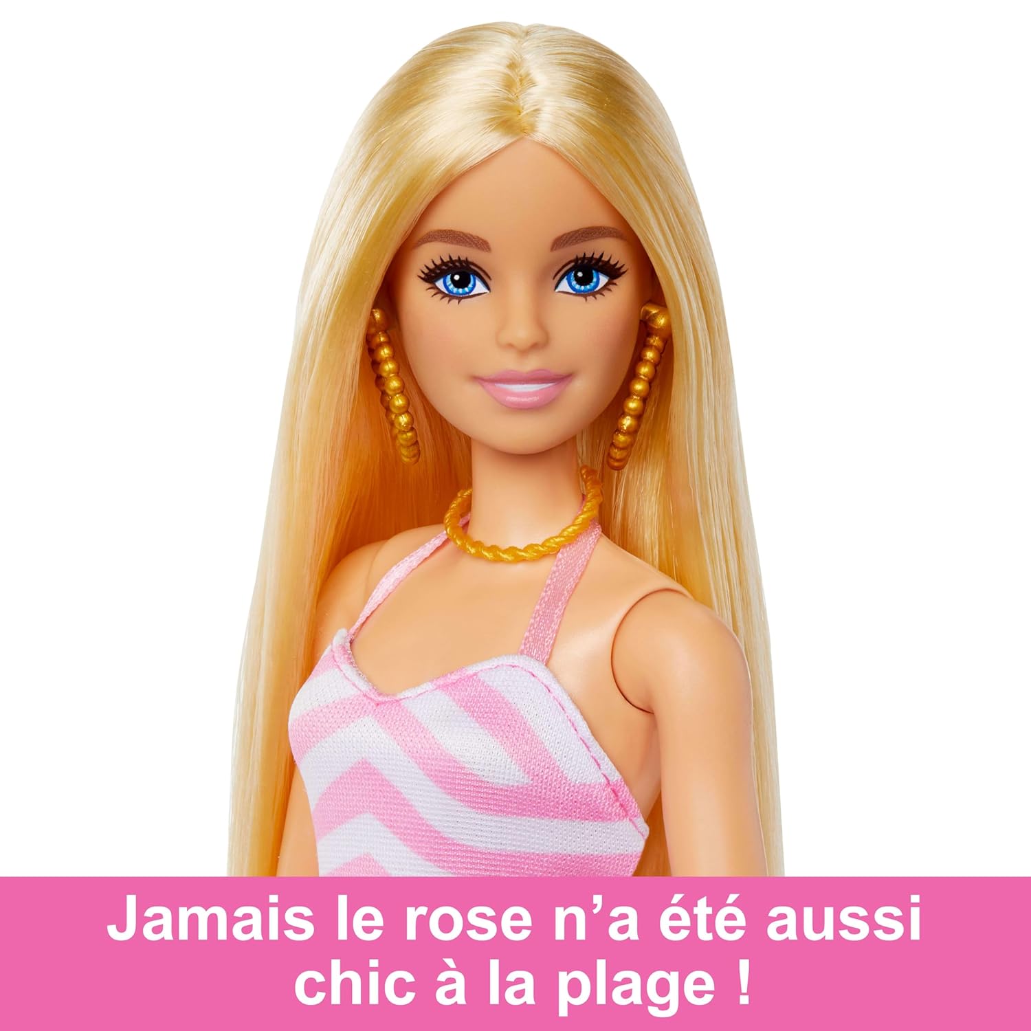 Barbie poupée blonde de plage avec maillot de bain rose et blanc, chapeau, sac et accessoires HPL73 – Image 4