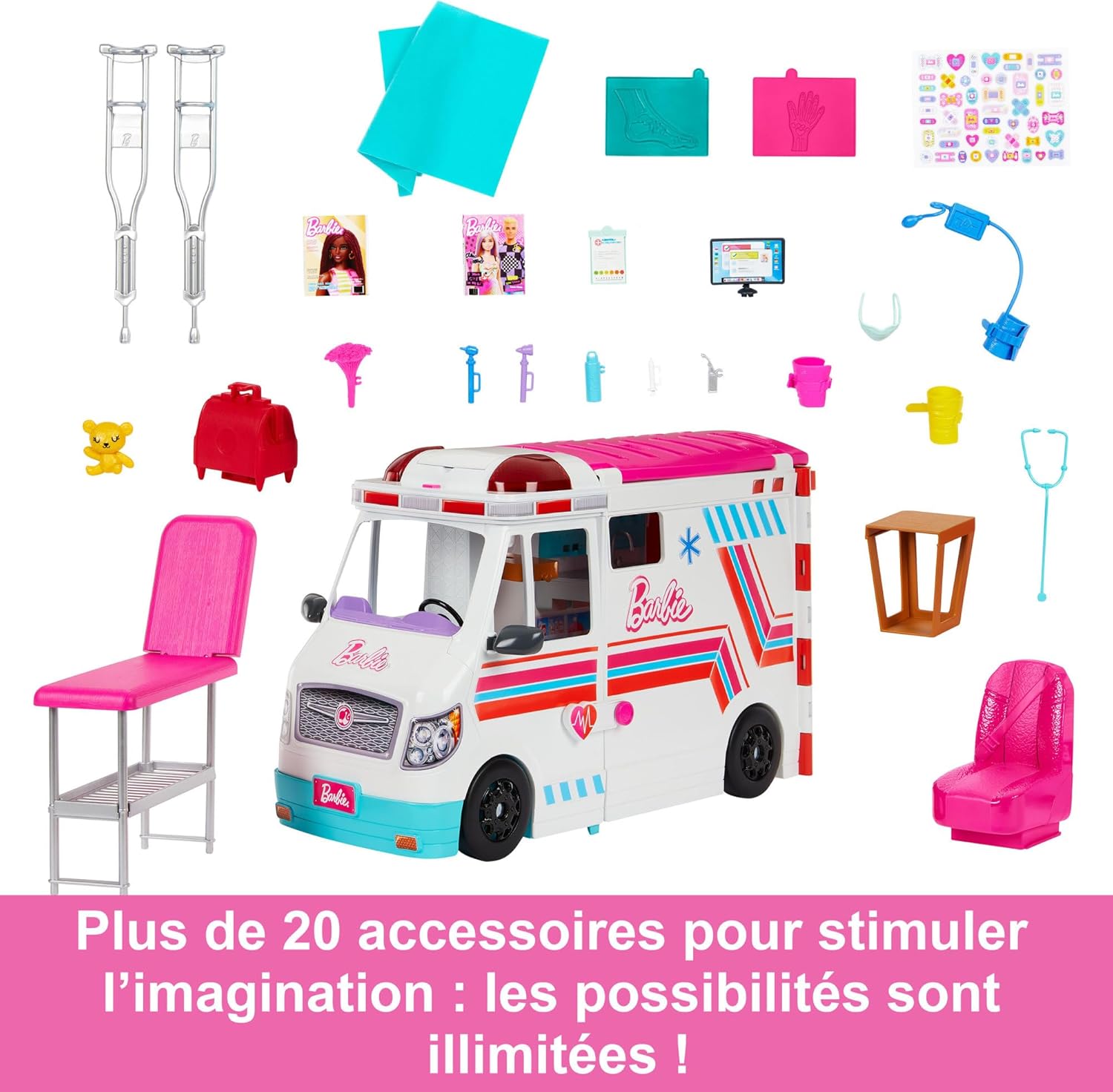 Barbie Ambulance 2 en 1 avec clinique, lumières, sons et 20 accessoires HKT79 – Image 6
