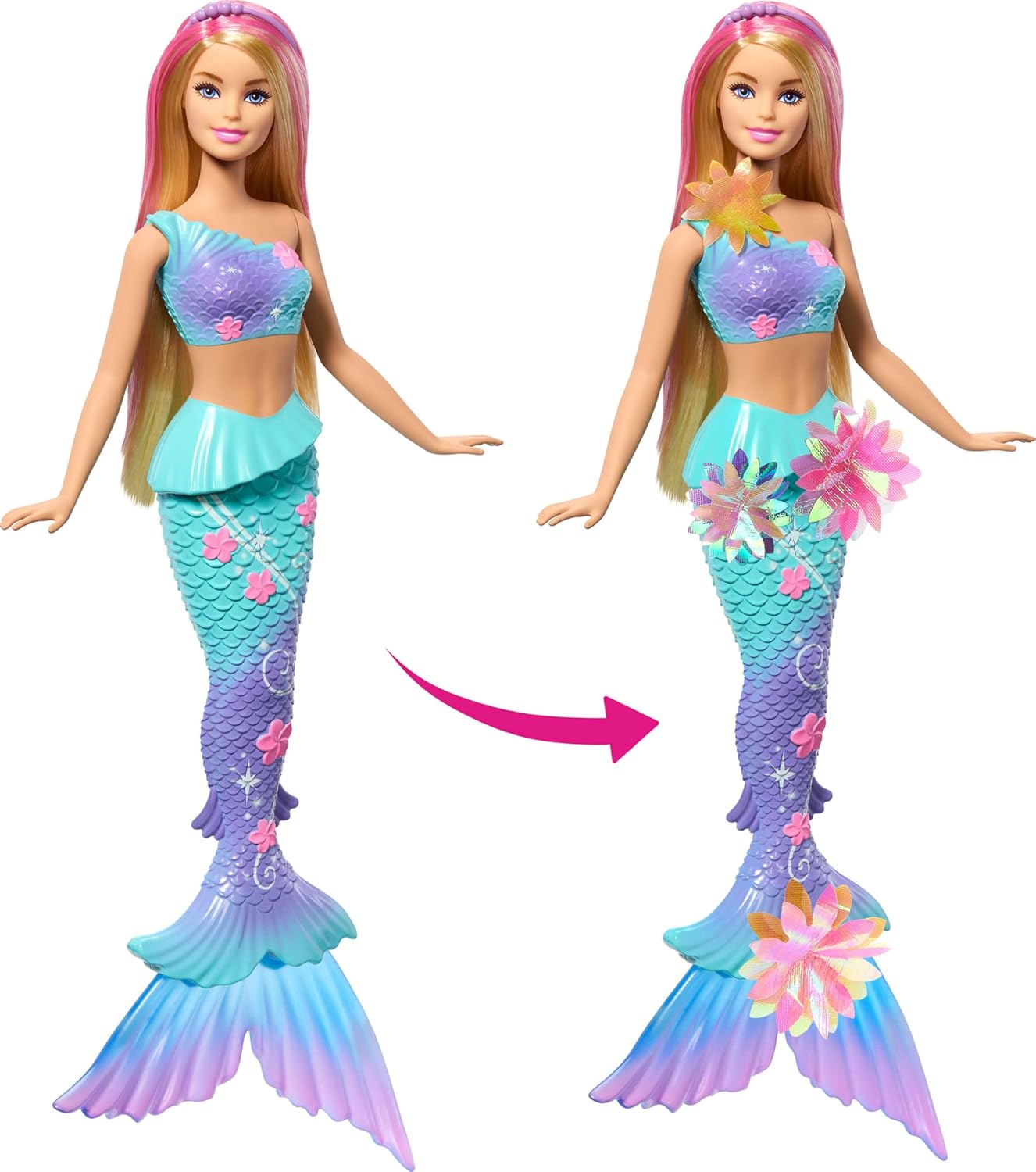 Barbie Sirène Fleur Magique blonde aux fleurs surprise et mèches roses – Image 2