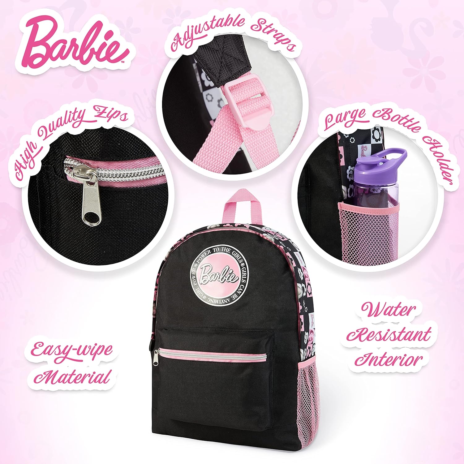 Sac à dos scolaire Barbie noir/rose pour fille – Image 5