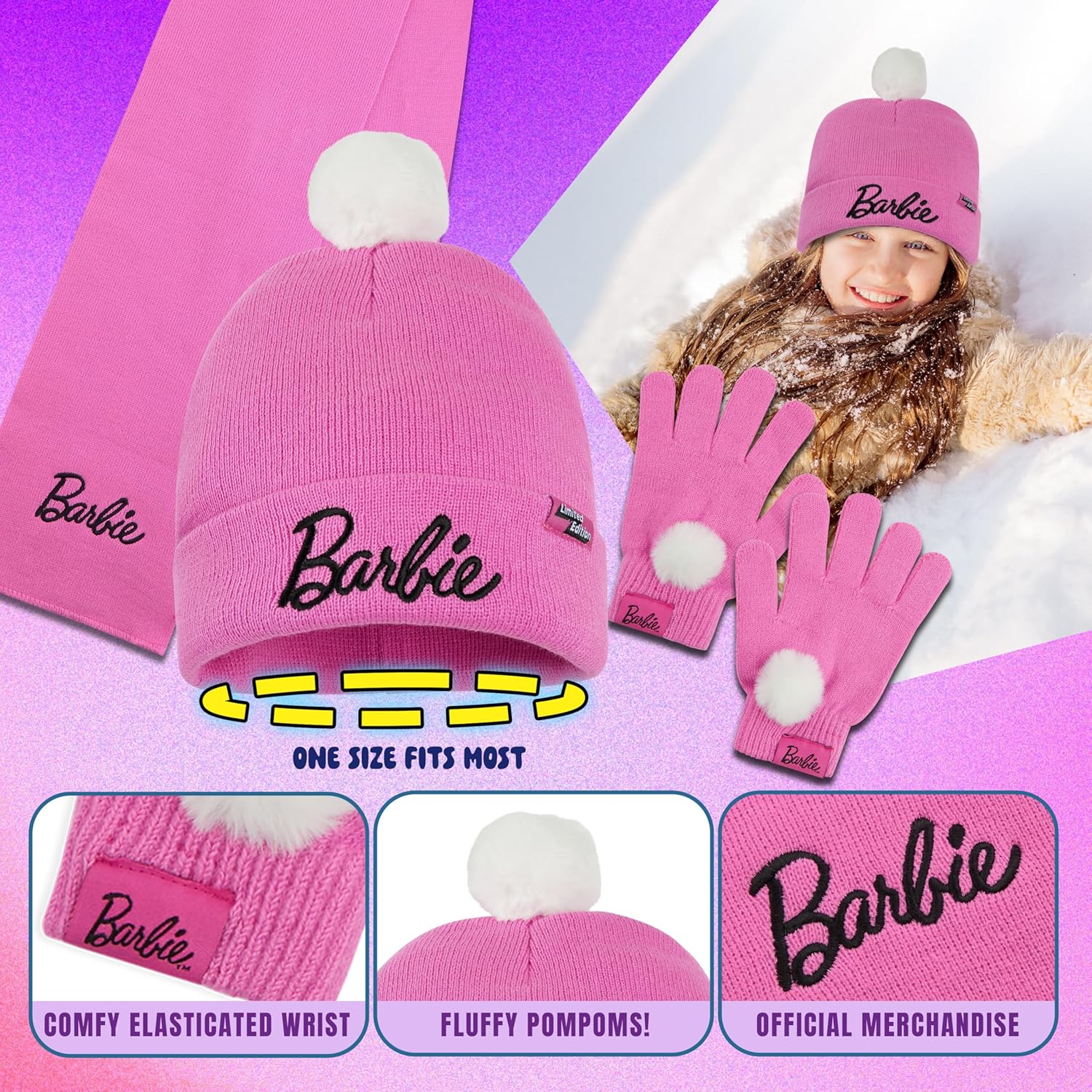 Ensemble d'hiver Barbie fille avec bonnet, écharpe et gants – Image 5