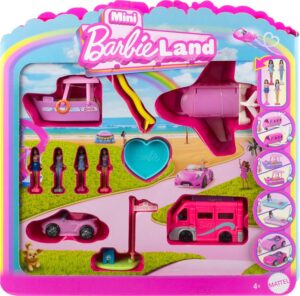 Coffret Barbie Mini-BarbieLand avec 4 poupées de 3,8 cm et 4 véhicules, JDB85