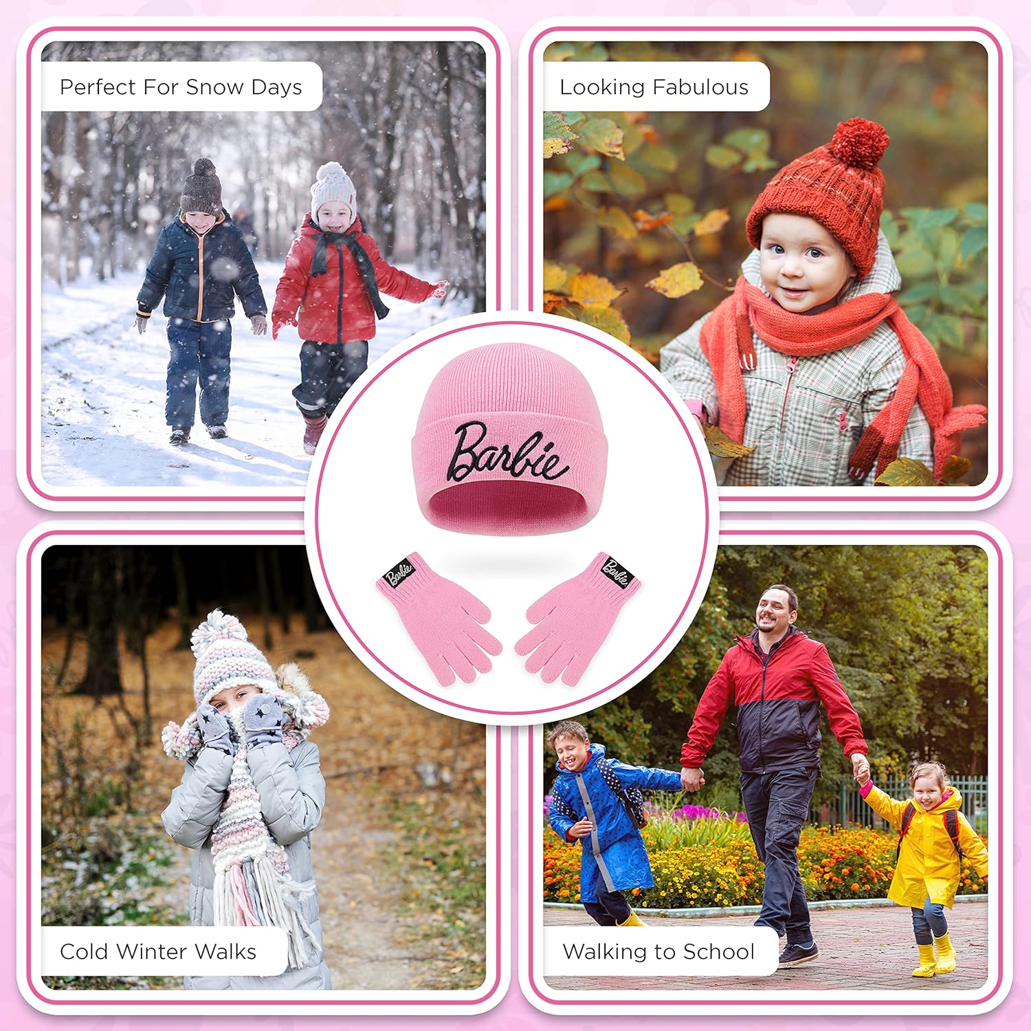 Ensemble Barbie rose pour enfant : bonnet et gants fille – Image 4