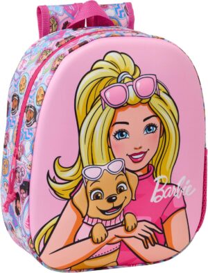 Sac à dos d'école Barbie 3D rose adaptable au chariot