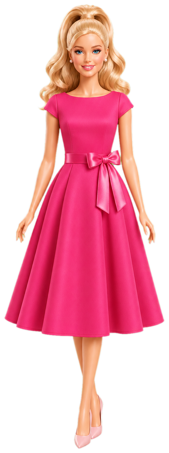 Barbie blonde en robe rose dans la cabine d'essayage